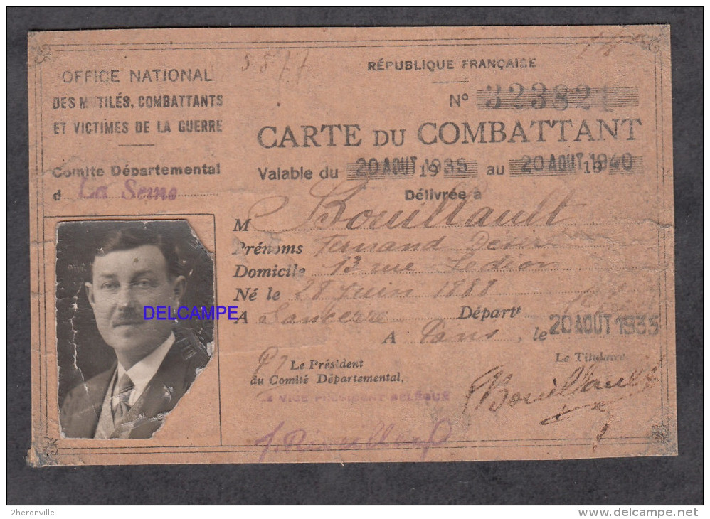 Carte Ancienne De Combattant - F.D. Bouillault Né à Sancerre En 1888 - 1935 / 1940 - Non Classificati