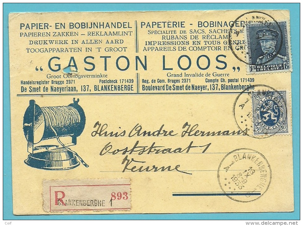 285+320 Op Geillustreerde (Papier-en Bobijnhandel / Gaston Loos) Kaart Aangetekend Met Stempel BLANKENBERGHE 1 - 1931-1934 Kepi