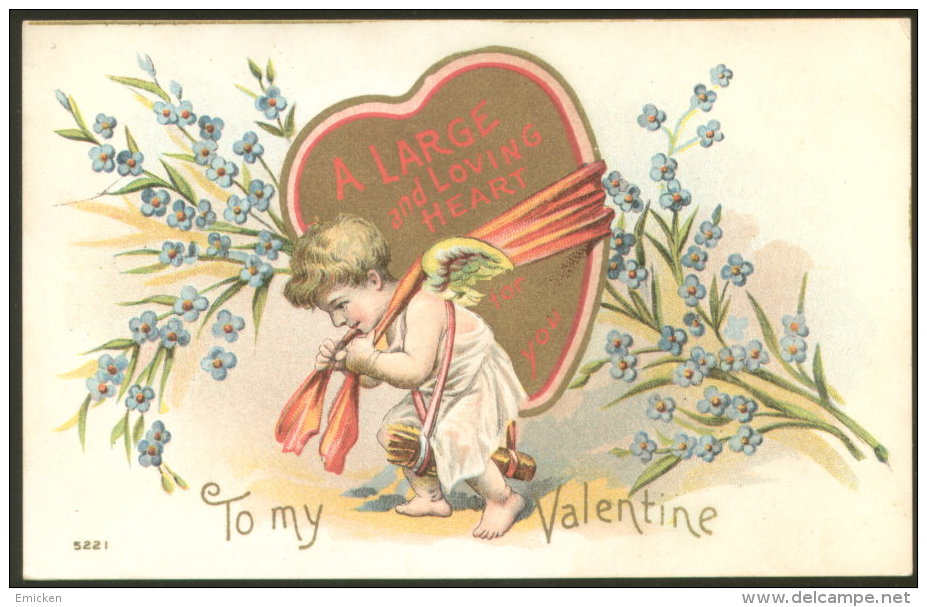 VALENTINE DAY HEART ANGEL LITHO OLD EMBOSSED POSTCARD 1911 - Valentinstag