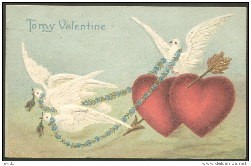 VALENTINE DAY HEART LITHO OLD EMBOSSED POSTCARD 1908 - Valentinstag
