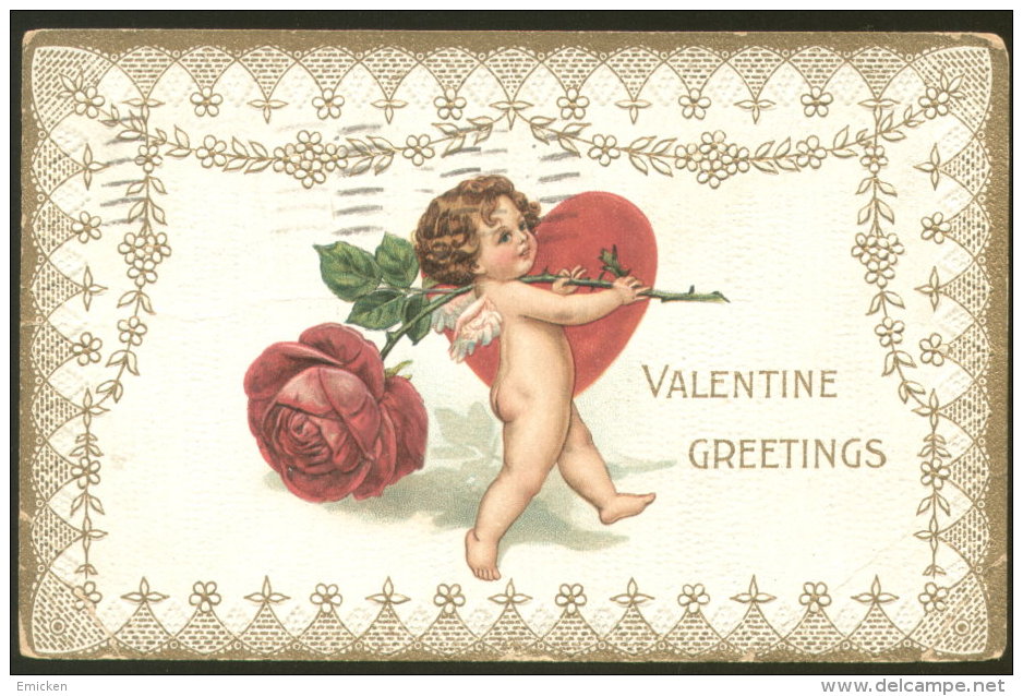 VALENTINE DAY ANGEL LOVE HEART LITHO OLD EMBOSSED POSTCARD 1912 - Valentinstag