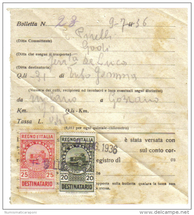 Boletta Di Trasporto Con Marche Da Bollo Destinatario 20+25 Cent  1936  C.1458 - Italia