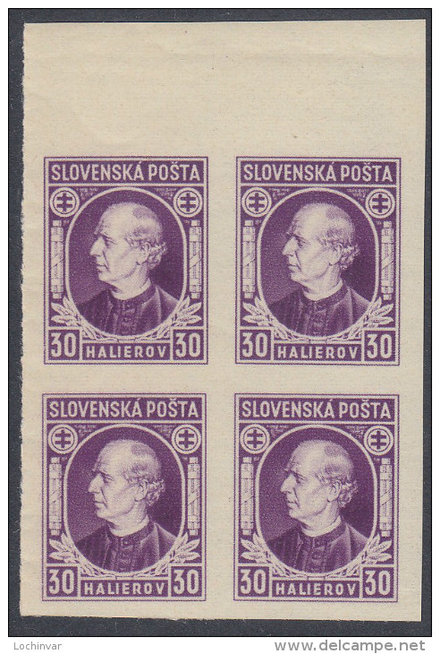 SLOVAKIA, 1939  30h PURPLE IMPERF BLOCK 4 MNH - Unused Stamps