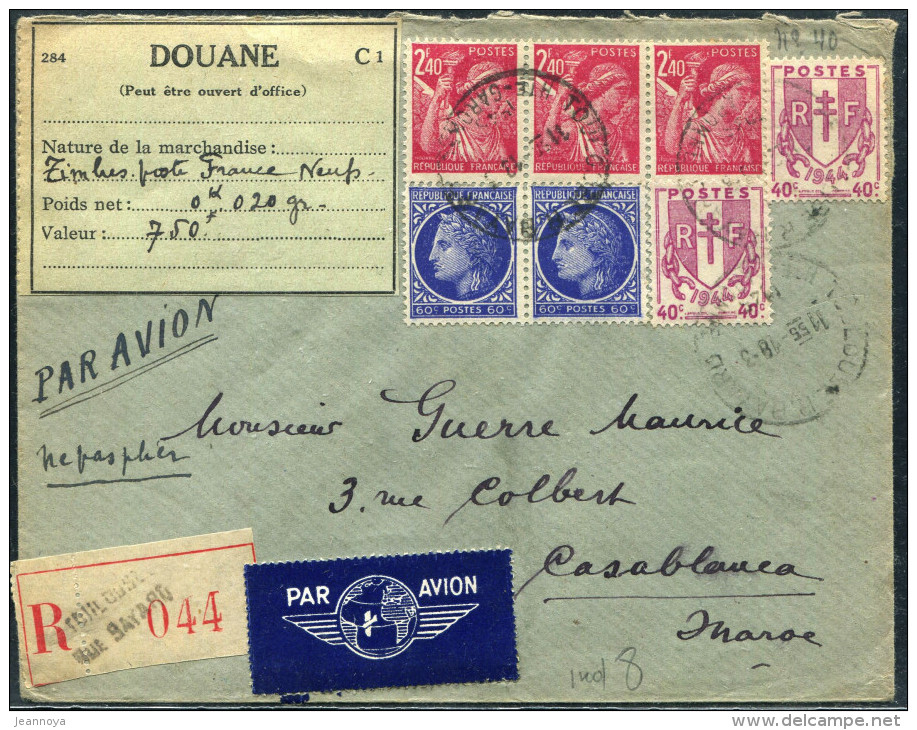 FRANCE - CHAINES BRISÉES - N° 672 (2) + 674 (2) + 654 (3) / LR AVION DE TOULOUSE LE 18/3/1945, POUR CASABLANCA - TB - 1941-66 Coat Of Arms And Heraldry