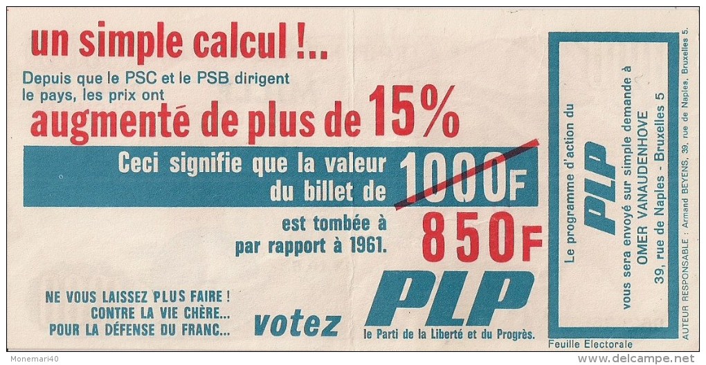 TRACT ELECTORAL Du PLP (Parti De La Liberté Et Du Progrès) - 1963 - Unclassified