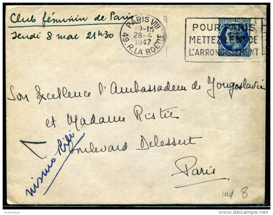 FRANCE - CÉRÈS DE MAZELIN - N° 678 / LETTRE O.M. PARIS LE 28/4/1947, POUR PARIS - TB - 1945-47 Cérès De Mazelin