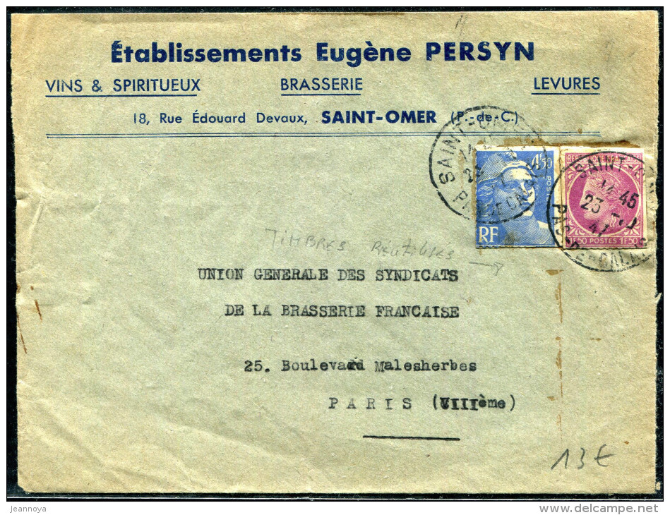 FRANCE - CÉRÈS DE MAZELIN - N° 679 + 718A / LETTRE DE ST. OMER LE 23/10/1947, POUR PARIS - TB - 1945-47 Cérès De Mazelin