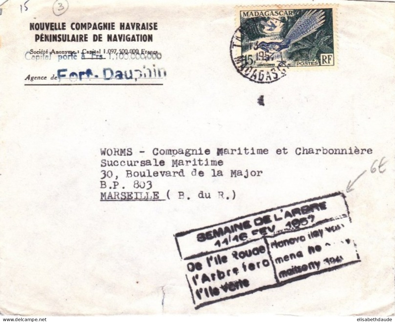 MADAGASCAR - 1957 - ENVELOPPE De FORT DAUPHIN Avec CACHET SPECIAL "SEMAINE DE L'ARBRE" Pour MARSEILLE - Storia Postale