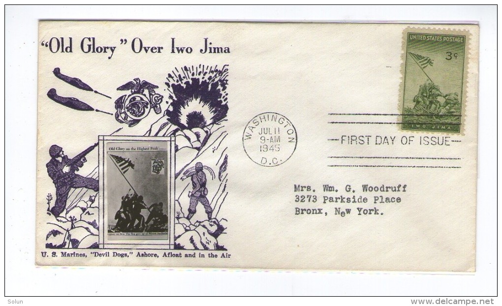 USA AMERICA UNITED STATES FDC 11. 7. 1945 OLD GLORY OVER IWO JIMA U.S.MARINES DEVIL DOGS ASHORE AFLOAT AIR - 1941-1950