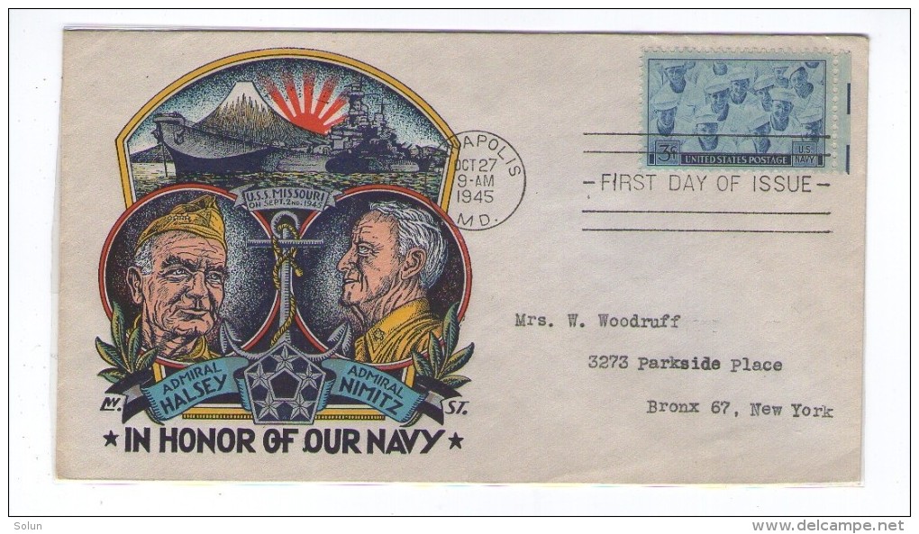 USA AMERICA UNITED STATES FDC 27.10.1945 ADMIRAL HALSEY ,NIMITZ ,NAVY,ANNAPOLIS TO NEW YORK - 1941-1950