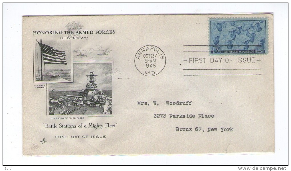 USA AMERICA UNITED STATES FDC 27.10.1945 ARMED FORCES NAVY BATTLE STATION MIGHTY FLEET,ANNAPOLIS TO NEW YORK - 1941-1950