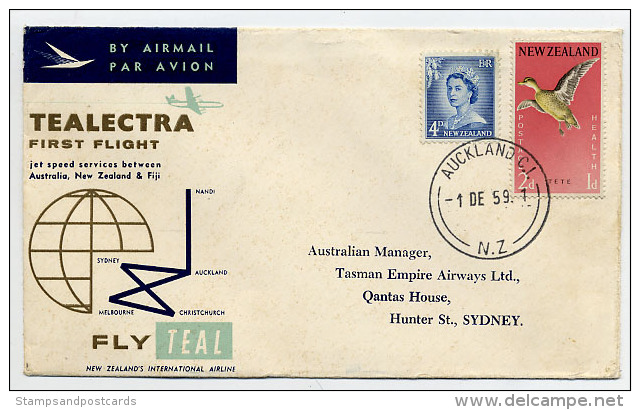 Nouvelle-Zélande TEAL Tealectra Premier Vol Pour Australie Et Fiji 1959 First Fligth Auckland NZ To Australia - Corréo Aéreo