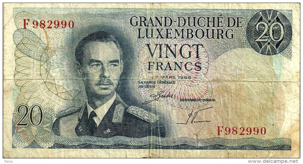 LUXEMBOURG 20 FRANCS BLUE MAN HEAD FRONT & CASTLE BACK DATED 06-03-1966 F+ P54a READ DESCRIPTION!! - Lussemburgo