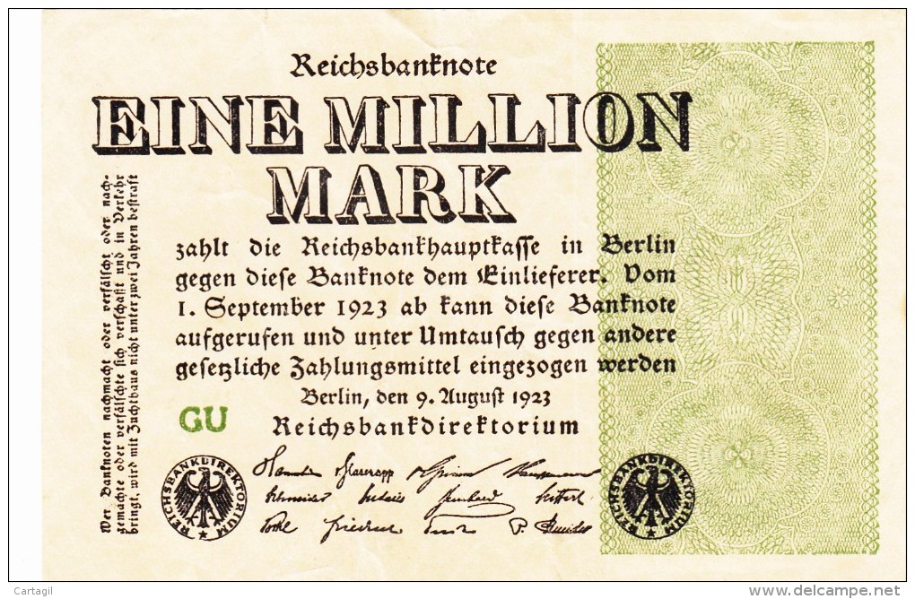 Billet Reichsbanknote 1 Million Mark De 1923 - 1 Miljoen Mark
