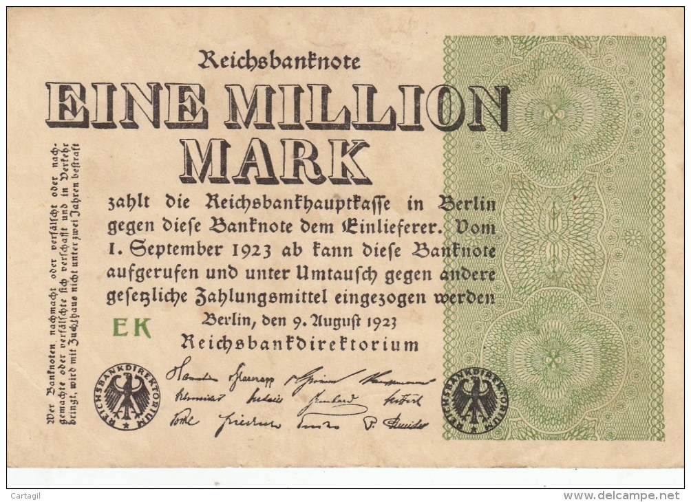 Billet Reichsbanknote 1 Million Mark De 1923 - 1 Miljoen Mark