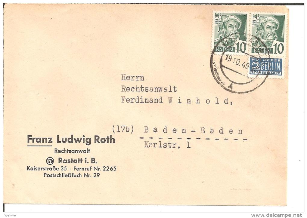 FRZ065/ Brief, Baden 10 Pfg.Baldung (Paar) Mit Berlin Notopfer 19.10.49 - Baden