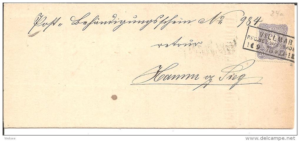 Pfg022/ Behändigungsschein 1875 Aus Vilmar Nach Hamm An Der Sieg - Storia Postale