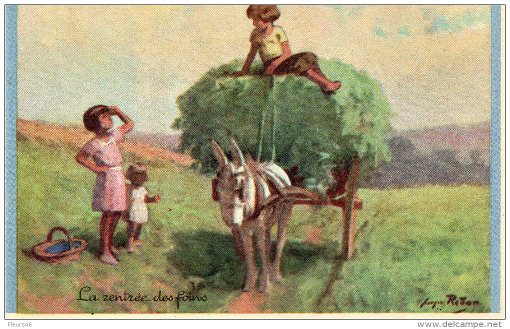 Illustrée Signée REDON : LA RENTREE DES FOINS . Enfants, Charrette Et Petit âne - Redon