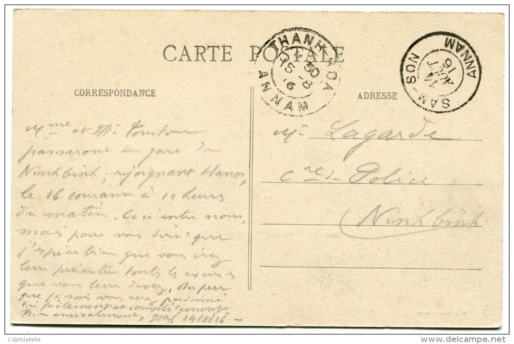 INDOCHINE THEME CROIX-ROUGE CARTE POSTALE DEPART SAM-SON 14 AOUT 16 ANNAM POUR NINH BINH - Lettres & Documents