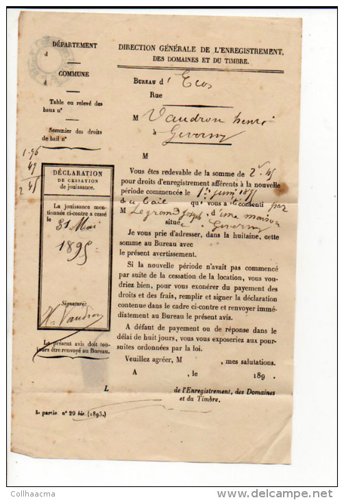 1895 - Avis Enregistrement Port Payé (cachet Paris Imprimés PP 6 Noir ) De Ecos Pour Giverny,( Bande Absente) - 1877-1920: Periodo Semi Moderno