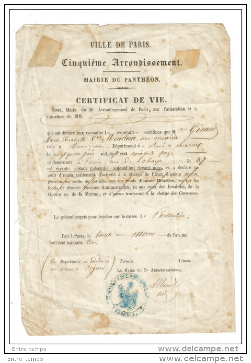 Certificat De Vie Paris Mairie Panthéon 1863 - Décrets & Lois