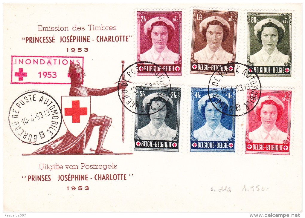 912 917 PC 6 Commémoratif  Overstromingen Inondations Croix-Rouge Joséphine Charlotte Princesse 10-4-1953 B Bureau De P - Unclassified