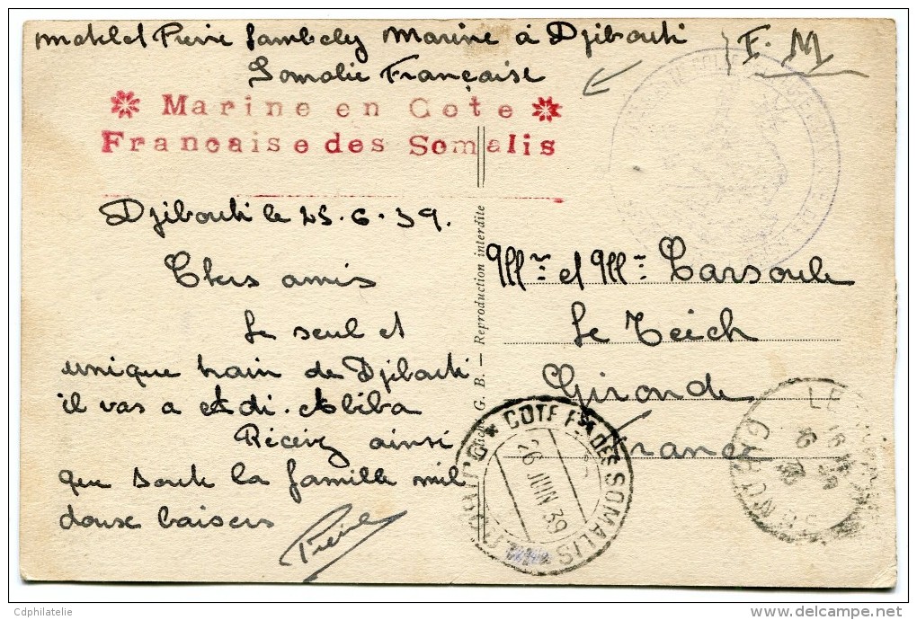 COTE FRANCAISE DES SOMALIS CARTE POSTALE EN FRANCHISE MILITAIRE AVEC GRIFFE ROUGE MARINE EN COTE FRANCAISE DES SOMALIS - Lettres & Documents