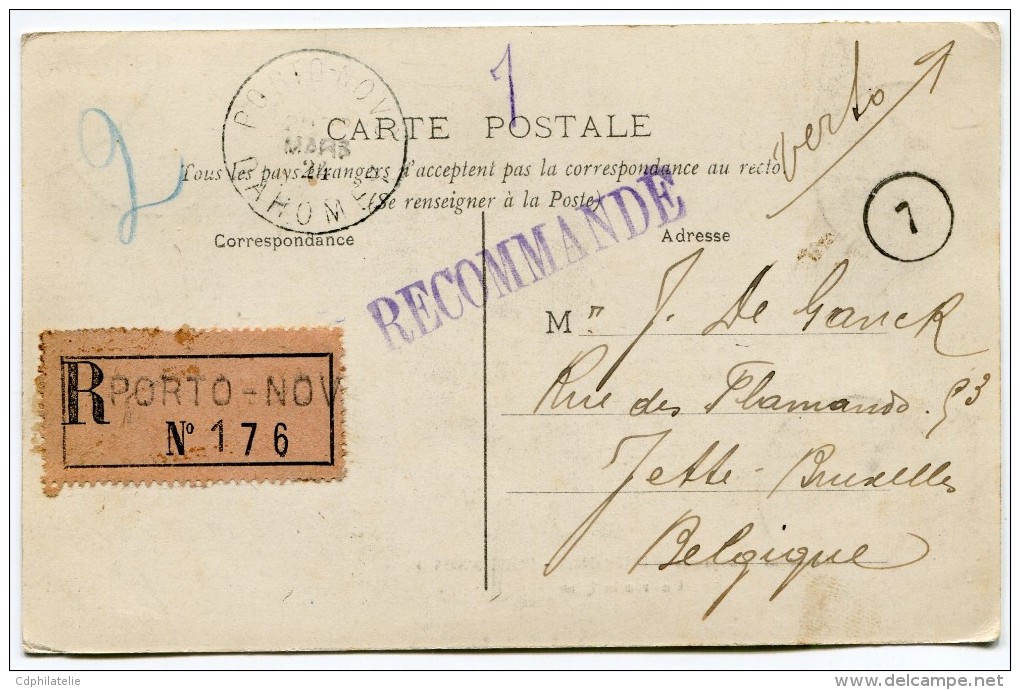 DAHOMEY CARTE POSTALE RECOMMANDE DEPART PORTO-NOVO 2? MARS 24 DAHOMEY POUR LA BELGIQUE - Lettres & Documents