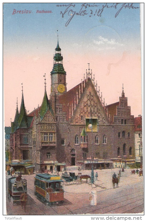 BRESLAU Rathaus Straßenbahn Tram Kutschen Biedermeier Ambiente Color 25.9.1925 Ortsstempel BRESLAU MESSE Heute Wroclaw - Schlesien