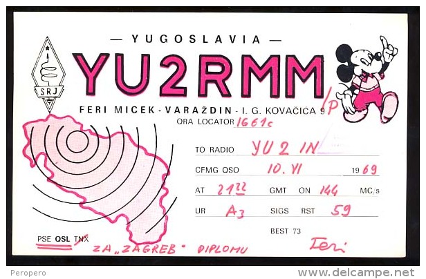 AK     QSL  CARD   RADIO AMATEUR    MICKEY  MOUSE    YU2 RMM  1969. - Amateurfunk