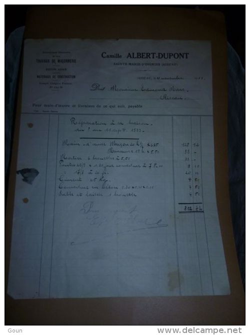 FF Facture Camille Albert Dupont Sainte Marie D'Oignies 1933 Aiseau - 1900 – 1949