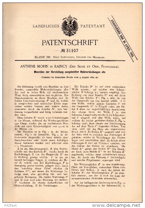 Original Patentschrift - Anthime Morin Dans Le Raincy , Seine Et Oise , 1884 , Machine Pour Le Bois, La Menuiserie !!! - Machines