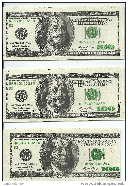 $100 Notes Reproductions Three (3)  Sold As Per Scans Front & Back Shown. For Reference Use - Other & Unclassified