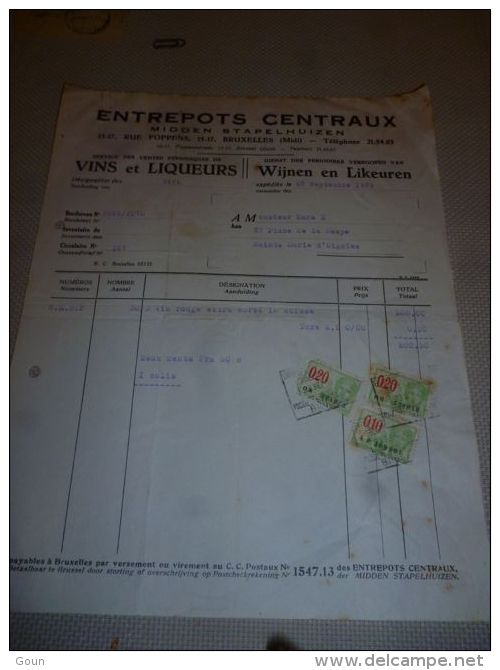 FF Facture  Entrepots Centraux Timbres Fiscaux Vins Et Liqueurs Bruxelles Midi 1935 - 1900 – 1949