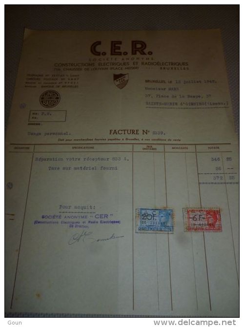 FF Facture C.E.R. Constructions électriques Et Radio électriques Radio 1942 Timbres Fiscaux Bruxelles - 1900 – 1949