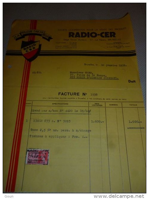 FF Facture C.E.R. Constructions électriques Et Radio électriques Radio 1938 Timbres Fiscaux Bruxelles - 1900 – 1949