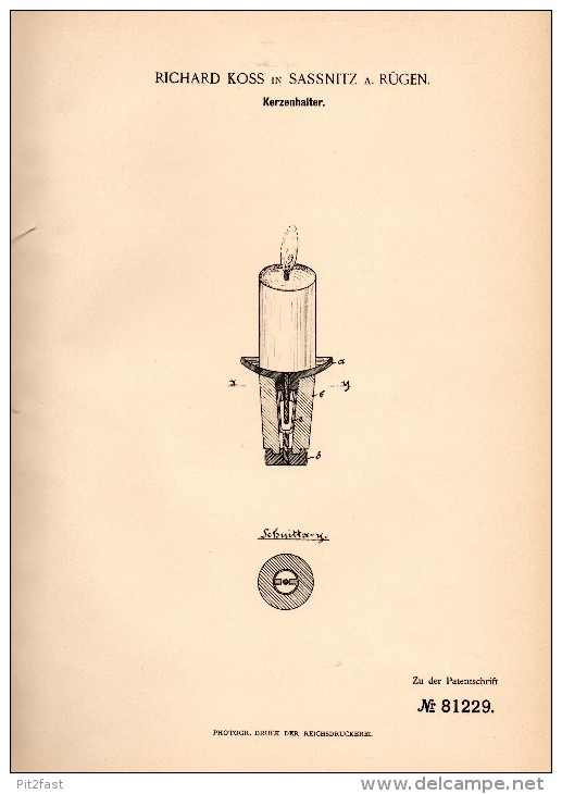 Original Patentschrift - Richard Koss In Sassnitz I. Mecklenburg , 1894 , Kerzenhalter , Kerzen , Beleuchtung , Rügen !! - Sassnitz