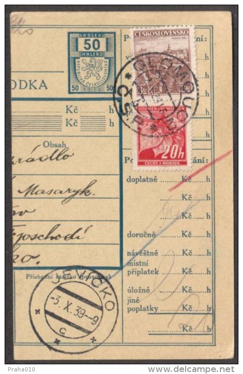 BuM0616 - Böhmen Und Mähren (1939) Olomouc 2 / Jevicko (Postal Parcel Dispach) Tariff: 50h + 3,20K (mixed Franking) - Storia Postale