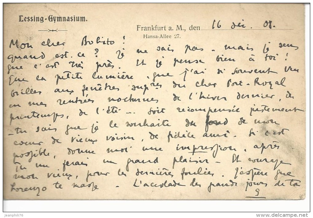 Post-karte En-tête Lessing-Gymnasium Frankfurt-am-Main Pour Paris 1908 - Autres & Non Classés