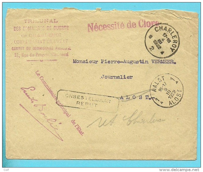 Portvrije Brief Met Stempel CHARLEROY 2  &#9650; Naar AALST 1 &#9650; Met Stempel REBUT En Verso Diverse Postbodestempel - Franchise