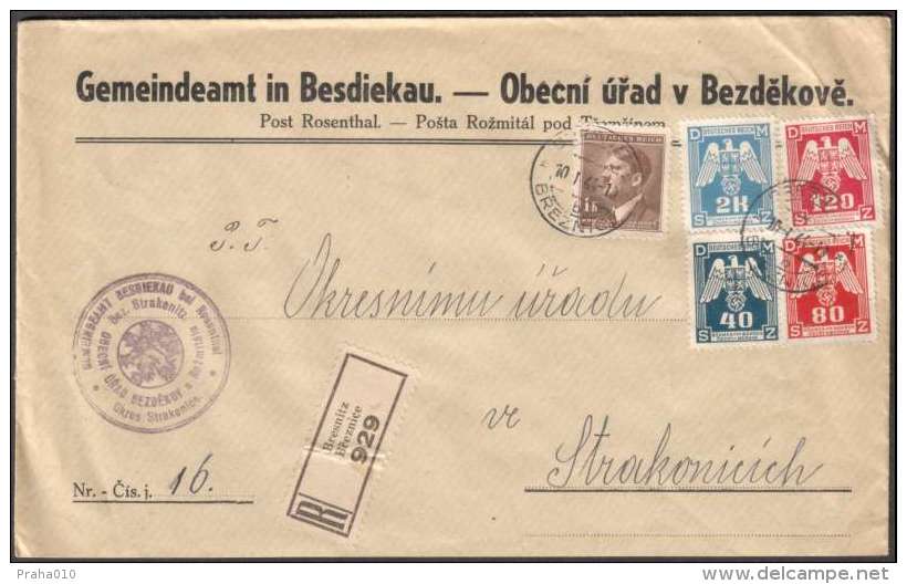 BuM0656 - Böhmen Und Mähren (1944) Bresnitz - Breznice (R-letter) Tariff: 5,40K (mixed Franking!) - Covers & Documents