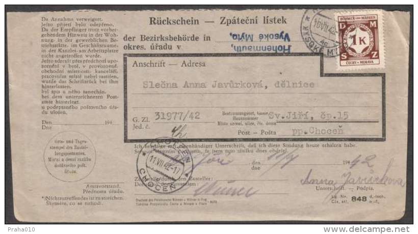 BuM0705 - Böhmen Und Mähren (1942) Hohenmauth - Vysoke Myto / Chotzen - Chocen (acknowledgment Of Receipt) - Covers & Documents