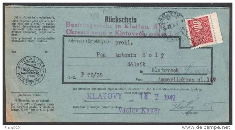 BuM0736 - Böhmen Und Mähren (1942) Klattau - Klatovy (acknowledgment Of Receipt) Tariff: 80h (local Tariff!) - Storia Postale