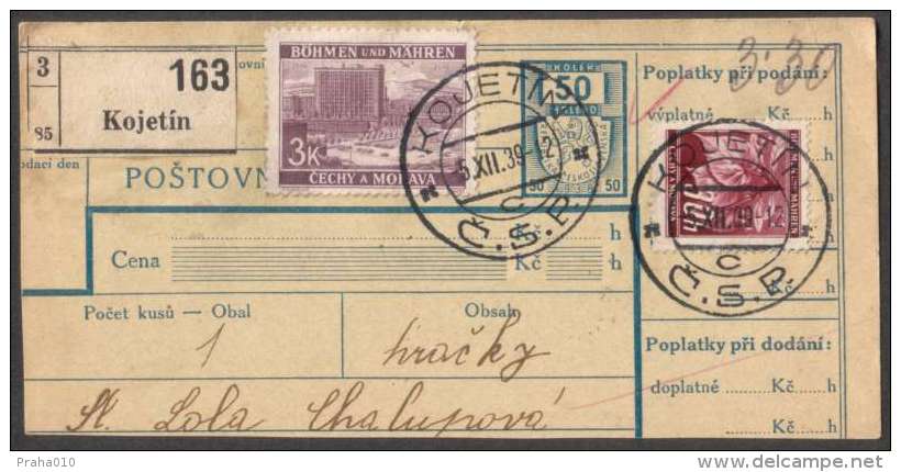 BuM0619 - Böhmen Und Mähren (1939) Kojetin (Postal Parcel Dispach) Tariff: 50h + 3,30K - Covers & Documents