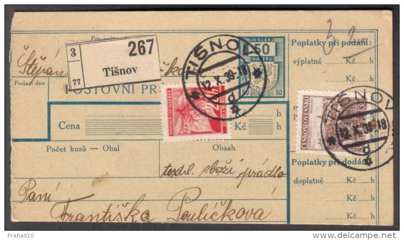 BuM0632 - Böhmen Und Mähren (1939) Tisnov (Postal Parcel Dispach) Tariff: 50h + 3,20K (mixed Franking) - Covers & Documents