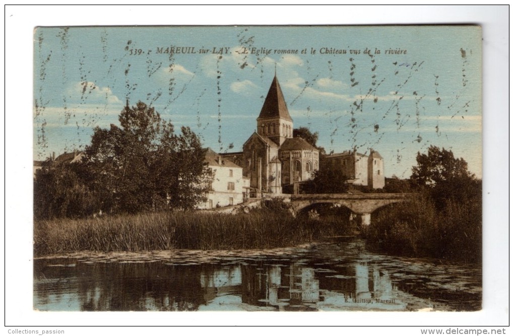 Cp , 85 , MAREUIL SUR LAY , L'église Romane Et Le Château Vus De La Riviére , écrite , Ed : Bergevin - Mareuil Sur Lay Dissais