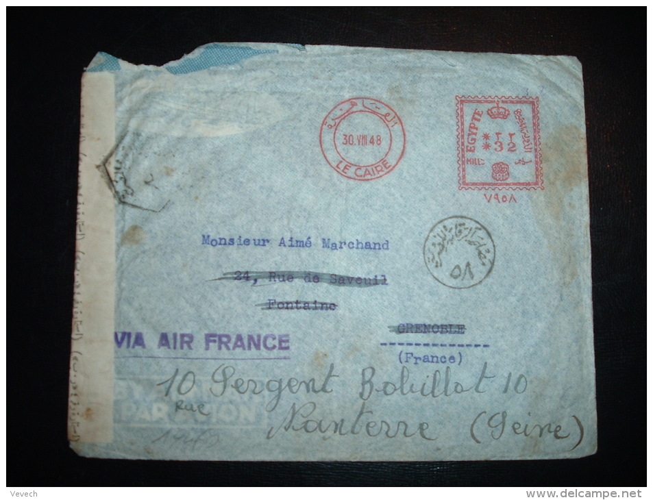 LETTRE POUR FRANCE EMA à 32 Du 30 VIII 48 LE CAIRE + GRIFFE VIA AIR FRANCE + CENSURE - Storia Postale