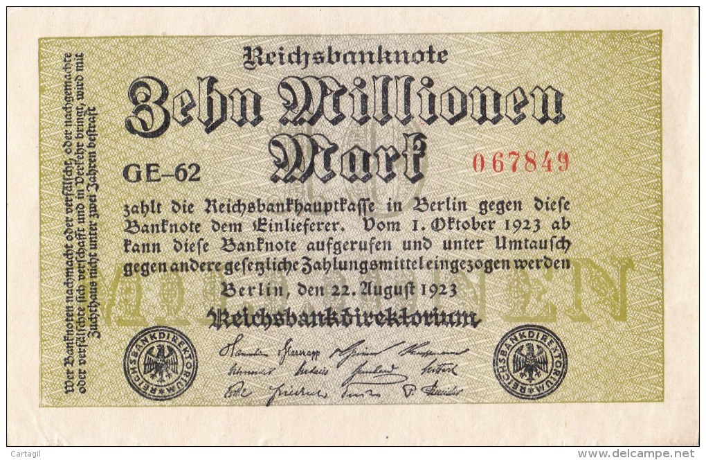 Allemagne - B850 - Billet Uniface - 10 Millionen  Mark (Type, Nature, Valeur,  état... Voir Scan) - 10 Miljoen Mark