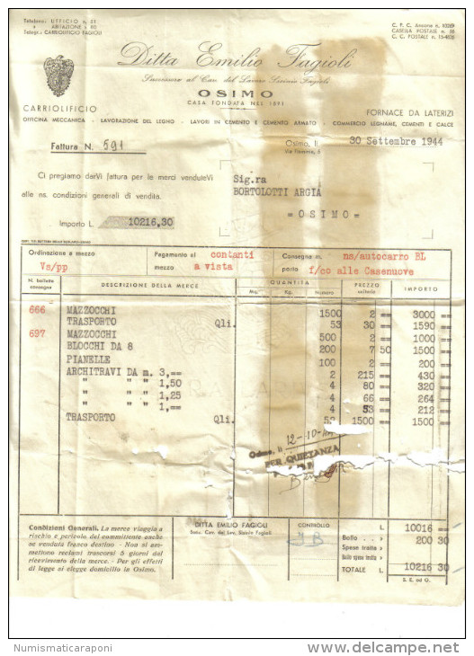 Marche Da Bollo Industria E Commercio 10 Per 20 Lire + 2 X 30 Cent Su Fattura Emilio Fagioli Osimo 1944 C.1479 - Non Classificati