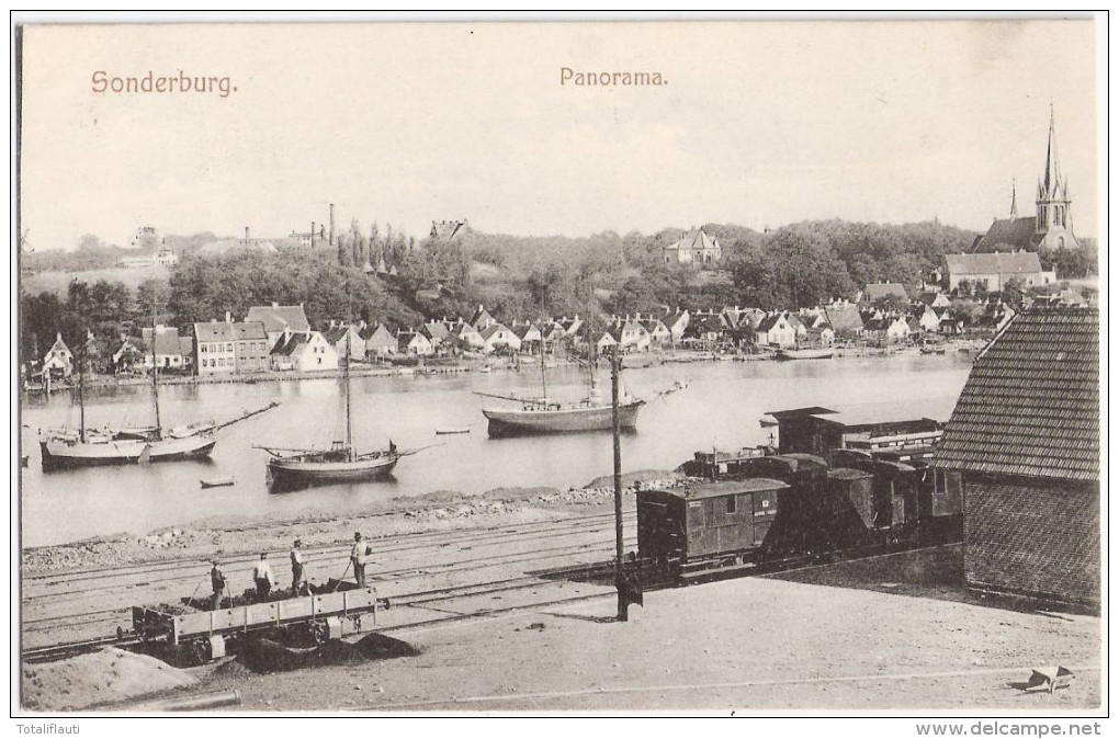 Sonderburg Hafen Bahn Anlage Entladung Kohle Waggon Per Schaufel Sonderborg Danmark Havne Banen Panorama 4.6.1906 - Nordschleswig